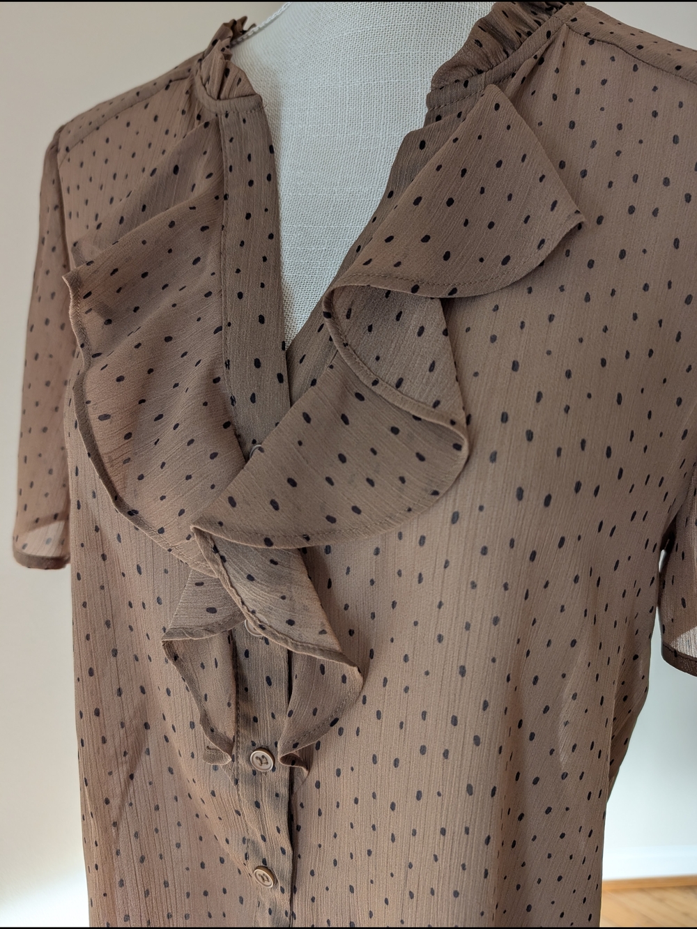 Pleione Brown Blouse with Black Polka Dots and Ruffle Trim